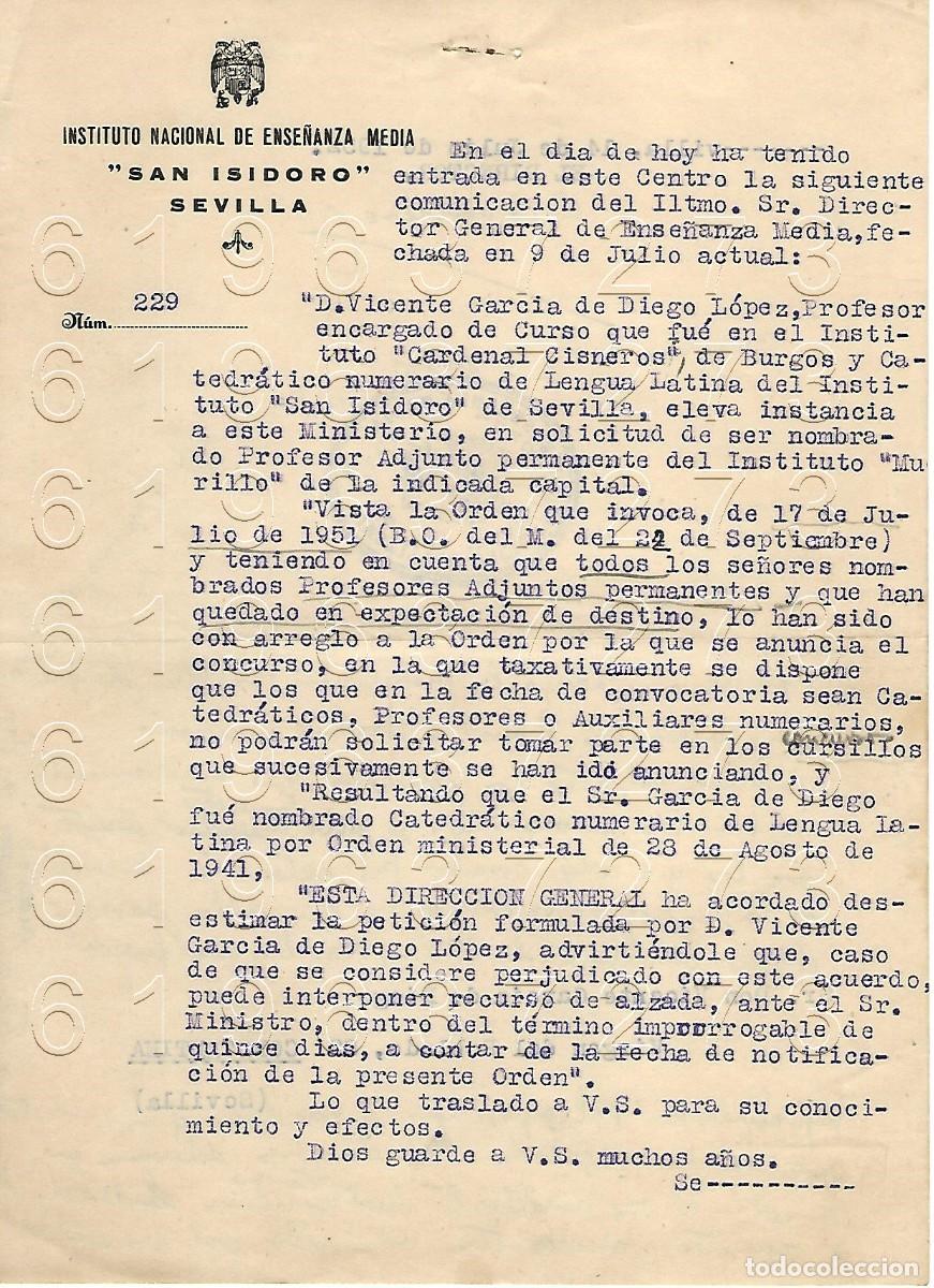 Otros Art&iacute;culos de Coleccionismo en Papel: SEVILLA INSTITUTO SAN ISIDORO CARTA A VICENTE GARCIA DE DIEGO 1952 M12