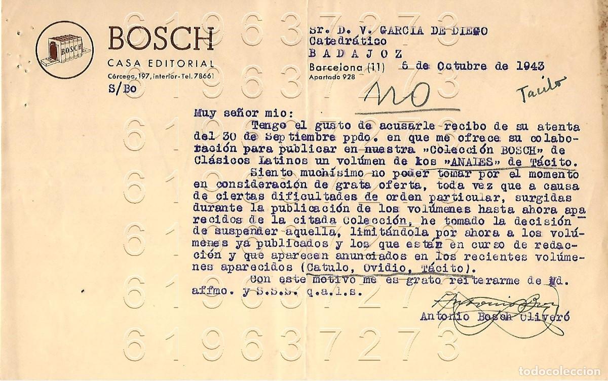 Otros Art&iacute;culos de Coleccionismo en Papel: ANTONIO BOSCH OLIVER&Oacute; EDITORIAL BOSCH CARTA A VICENTE GARCIA DE DIEGO 1943 M12