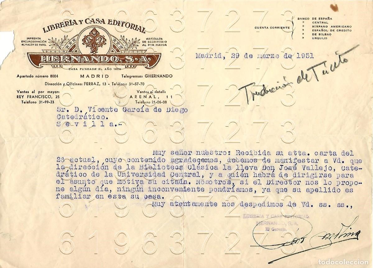 Otros Art&iacute;culos de Coleccionismo en Papel: EDITORIAL HERNANDO CARTA A VICENTE GARCIA DE DIEGO 1951 M12