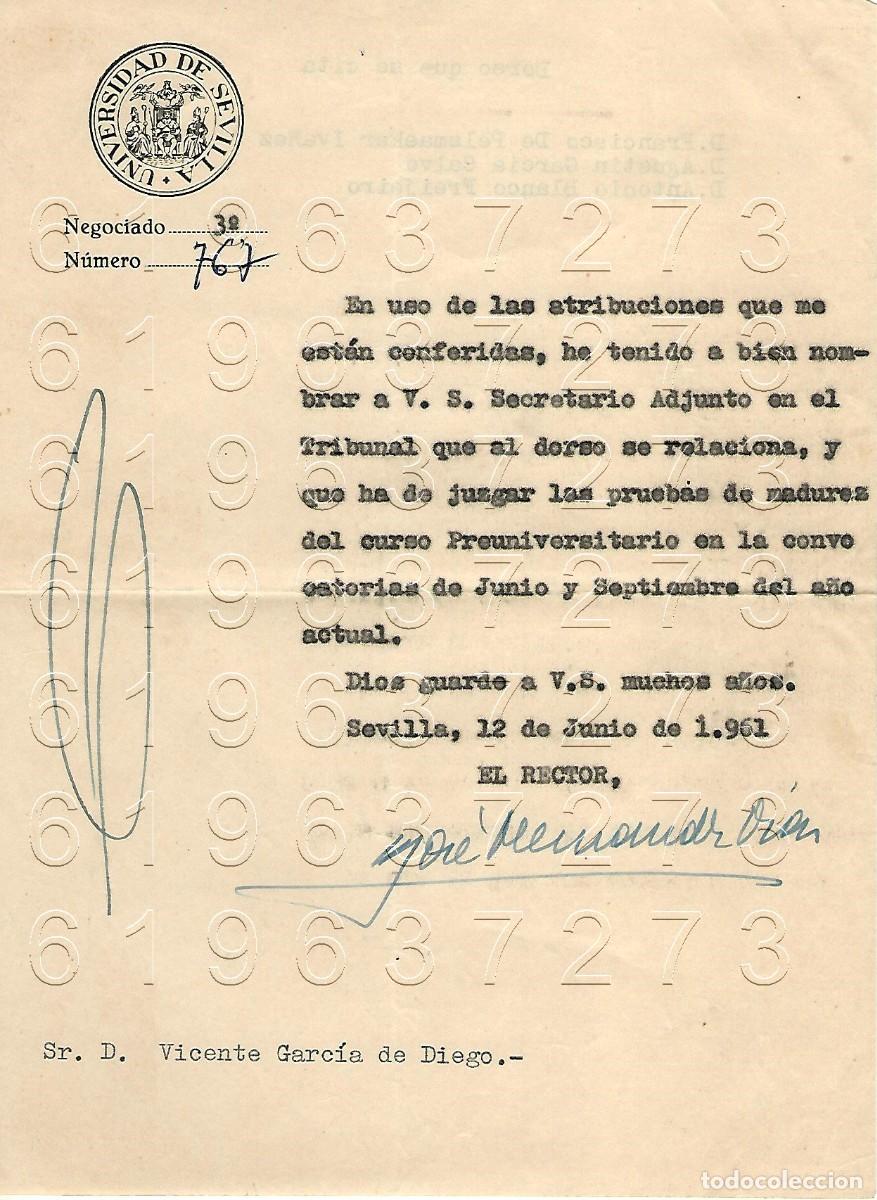 Otros Art&iacute;culos de Coleccionismo en Papel: SEVILLA UNIVERSIDAD CARTA A VICENTE GARCIA DE DIEGO 1961 M12