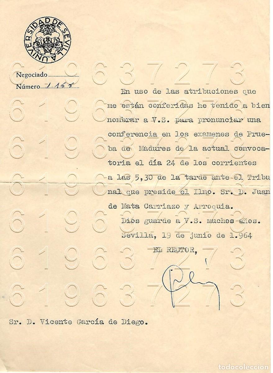 Otros Art&iacute;culos de Coleccionismo en Papel: SEVILLA UNIVERSIDAD CARTA A VICENTE GARCIA DE DIEGO 1964 M12
