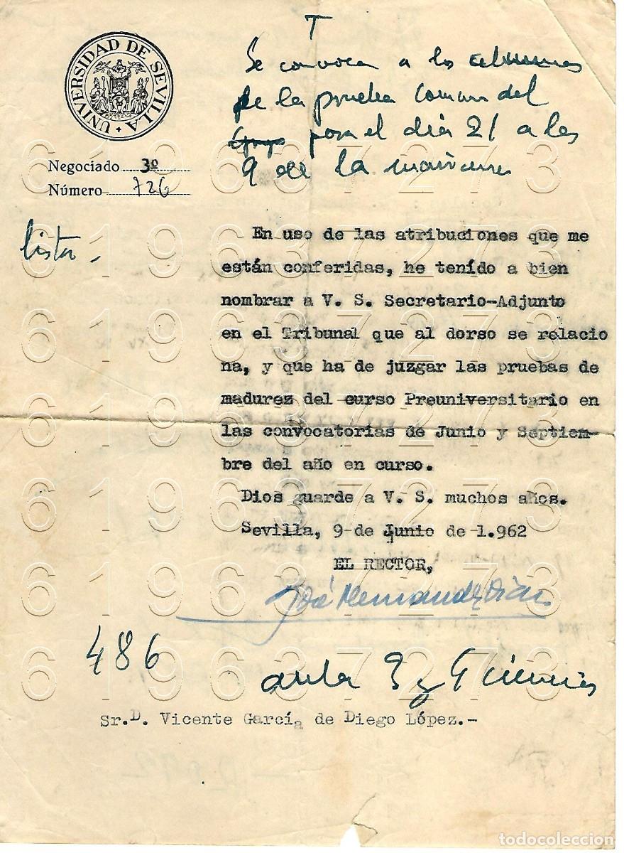 Otros Art&iacute;culos de Coleccionismo en Papel: SEVILLA UNIVERSIDAD CARTA A VICENTE GARCIA DE DIEGO 1962 M5