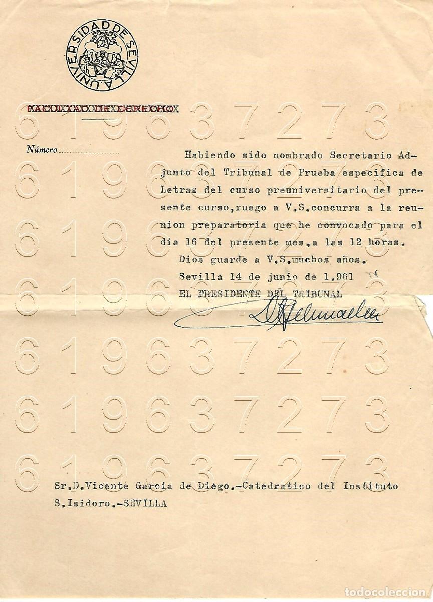 Otros Art&iacute;culos de Coleccionismo en Papel: SEVILLA UNIVERSIDAD CARTA A VICENTE GARCIA DE DIEGO 1961 M5
