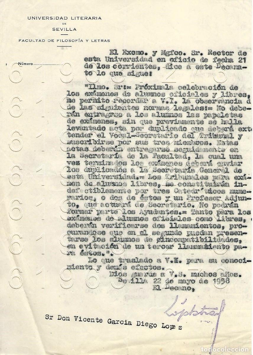 Otros Art&iacute;culos de Coleccionismo en Papel: SEVILLA UNIVERSIDAD CARTA A VICENTE GARCIA DE DIEGO 1958 M5