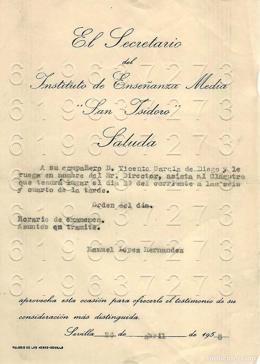Otros Art&iacute;culos de Coleccionismo en Papel: SEVILLA INSTITUTO SAN ISIDORO MANUEL LOPEZ HERNANDEZ CARTA A VICENTE GARCIA DE DIEGO 1958 M5