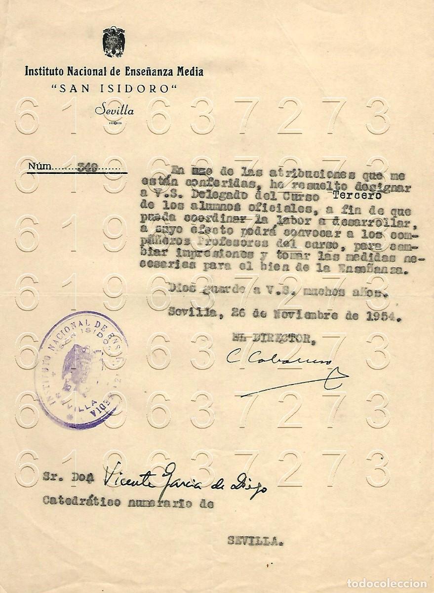 Otros Art&iacute;culos de Coleccionismo en Papel: SEVILLA INSTITUTO SAN ISIDORO CARTA A VICENTE GARCIA DE DIEGO 1954 M5
