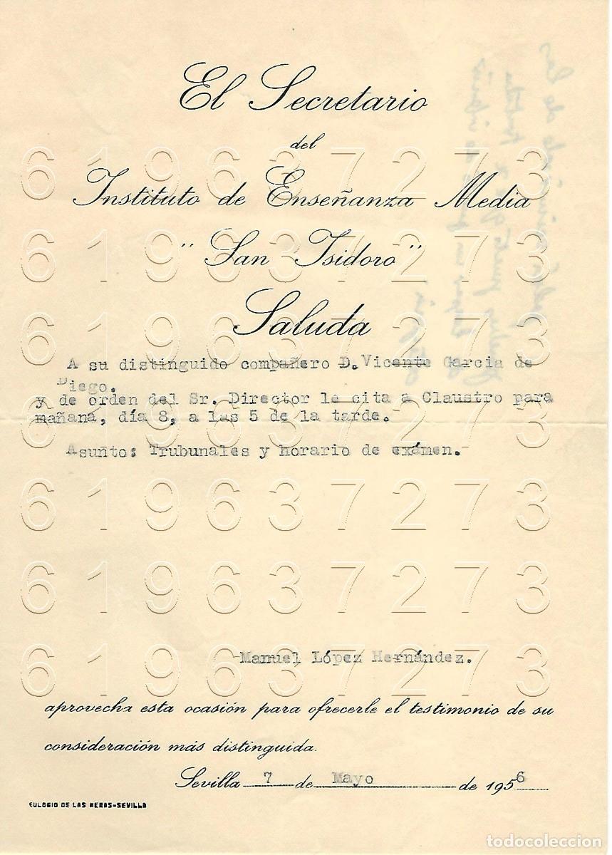Otros Art&iacute;culos de Coleccionismo en Papel: SEVILLA INSTITUTO SAN ISIDORO CARTA A VICENTE GARCIA DE DIEGO 1956 M5