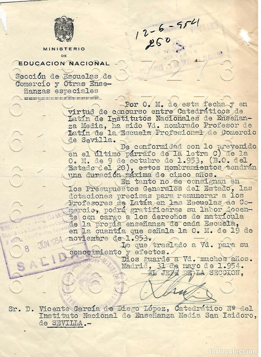 Otros Art&iacute;culos de Coleccionismo en Papel: SEVILLA PROFESOR DE LATIN NOMBRAMIENTO CARTA A VICENTE GARCIA DE DIEGO 1954 M8