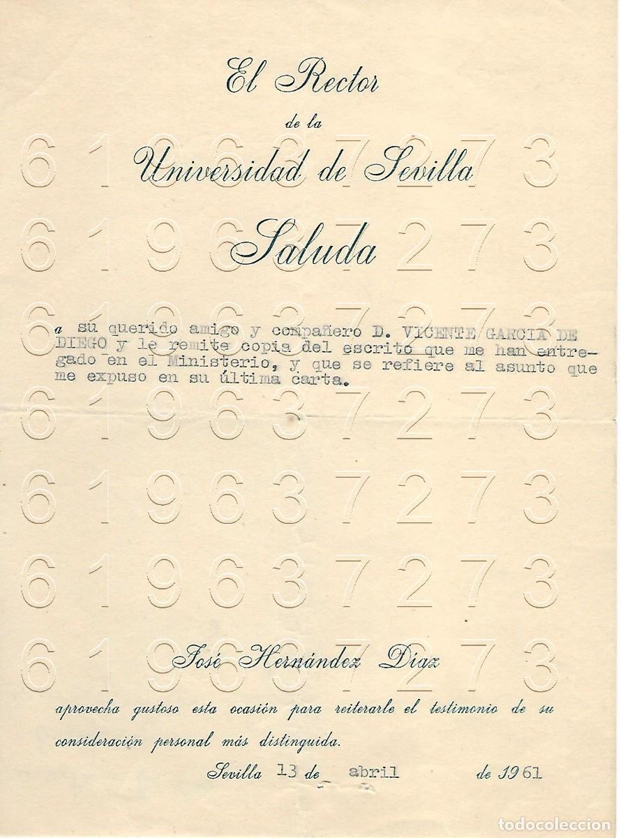 Otros Art&iacute;culos de Coleccionismo en Papel: SEVILLA JOSE HERNANDEZ DIAZ RECTOR UNIVERSIDAD CARTA A VICENTE GARCIA DE DIEGO 1961 M8