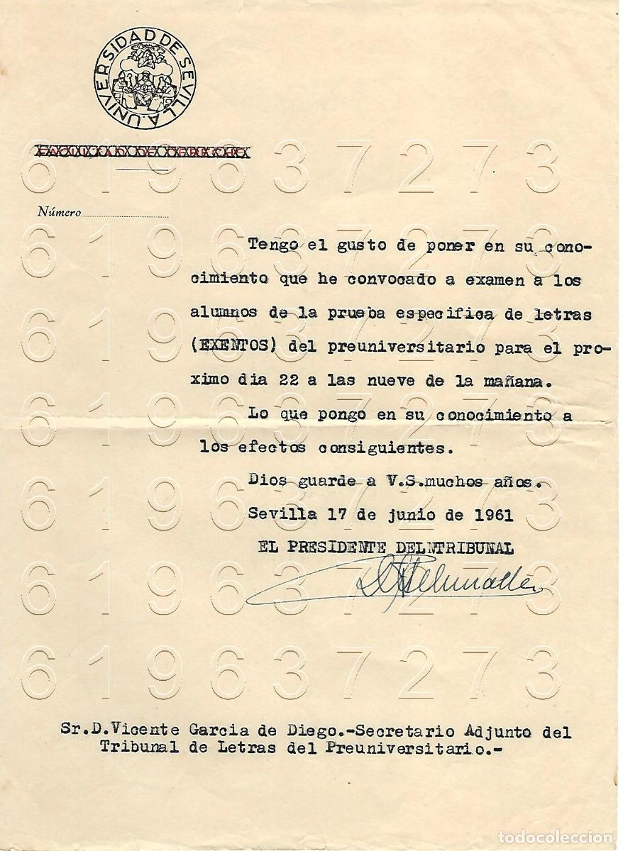 Otros Art&iacute;culos de Coleccionismo en Papel: SEVILLA UNIVERSIDAD CARTA A VICENTE GARCIA DE DIEGO 1961 M8