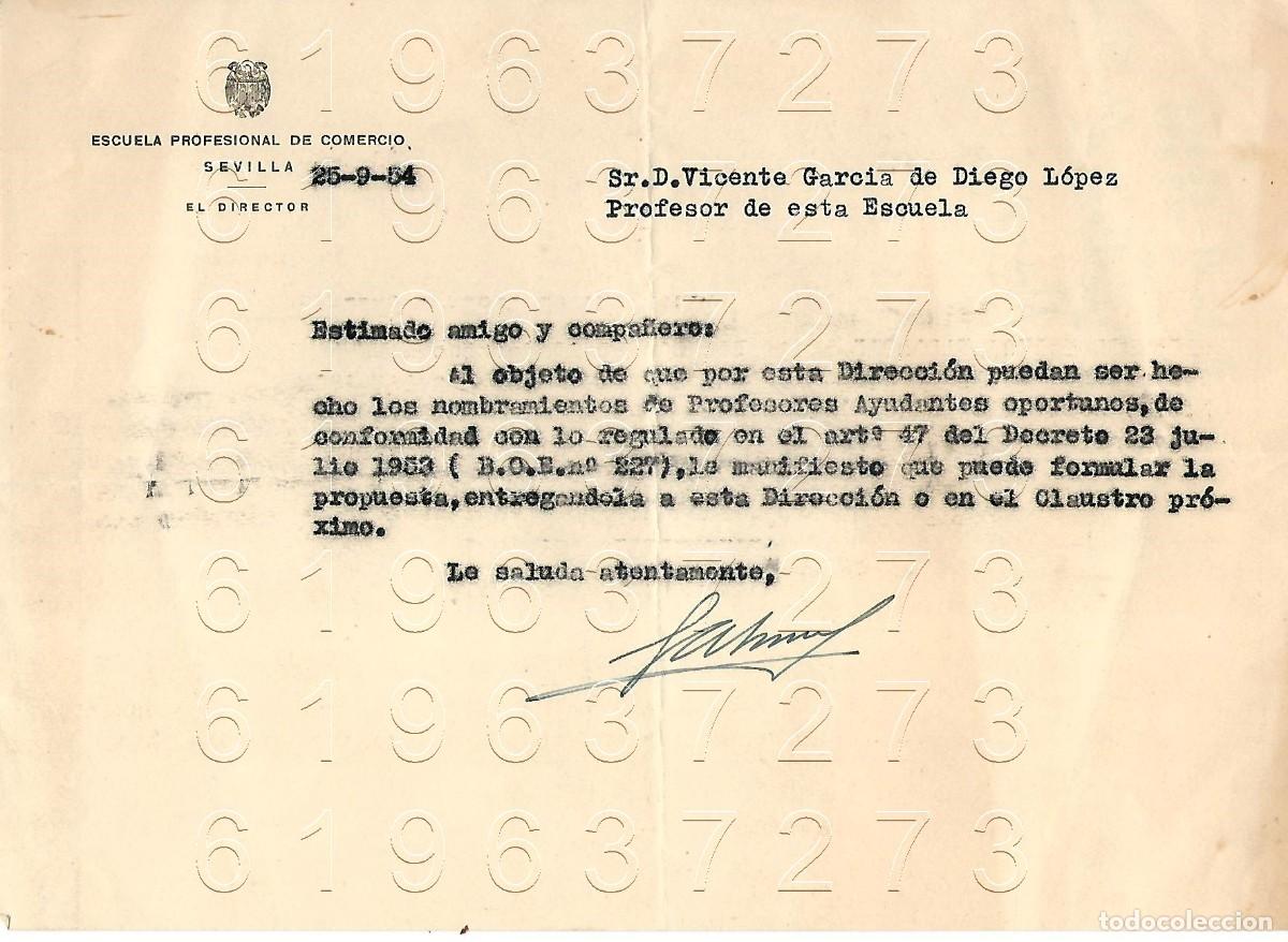 Otros Art&iacute;culos de Coleccionismo en Papel: SEVILLA ESCUELA DE COMERCIO CARTA A VICENTE GARCIA DE DIEGO 1954 M8