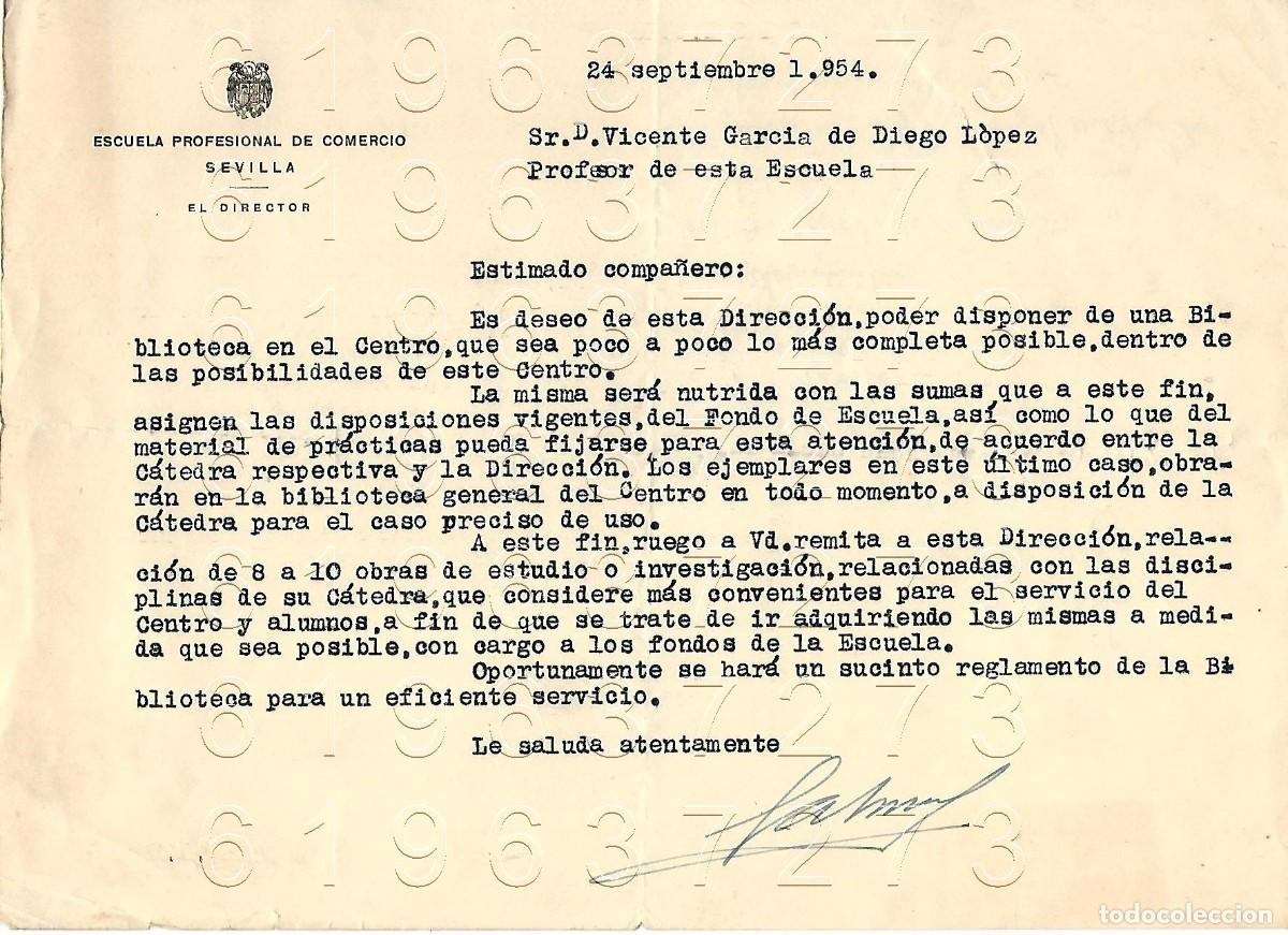 Otros Art&iacute;culos de Coleccionismo en Papel: SEVILLA ESCUELA DE COMERCIO CARTA A VICENTE GARCIA DE DIEGO 1954 M8
