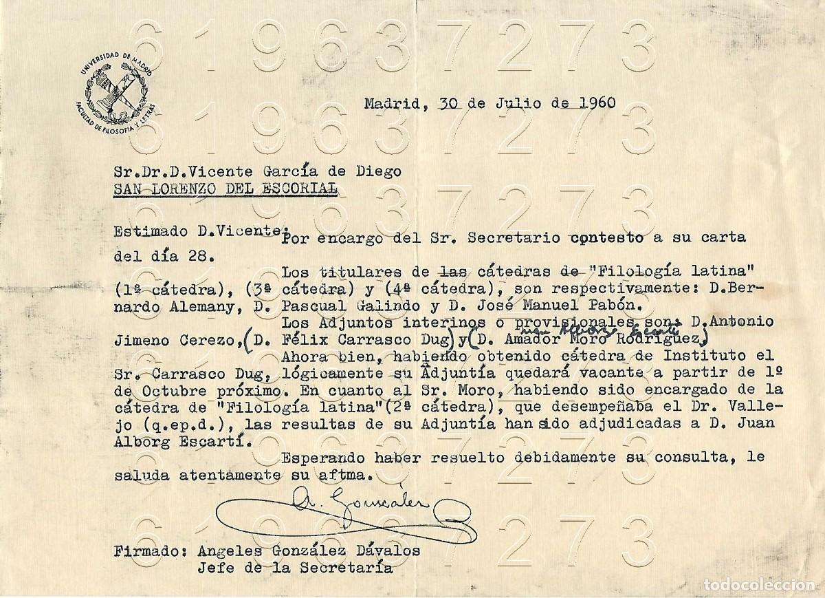 Otros Art&iacute;culos de Coleccionismo en Papel: ANGELES GONZALEZ DAVALOS UNIVERSIDAD MADRID CARTA A VICENTE GARCIA DE DIEGO 1960 M8