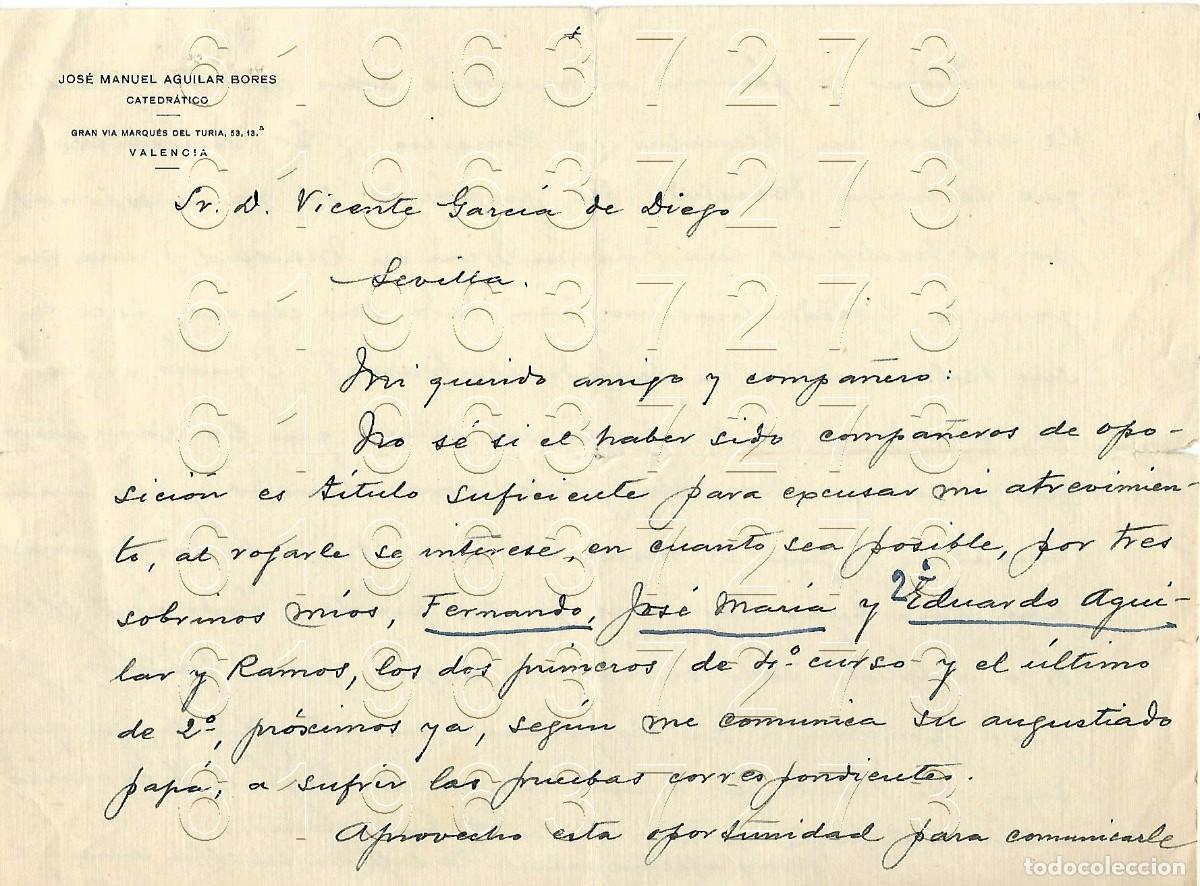 Otros Art&iacute;culos de Coleccionismo en Papel: JOSE MANUEL AGUILAR BORES VALENCIA CARTA A VICENTE GARCIA DE DIEGO 1960 M8