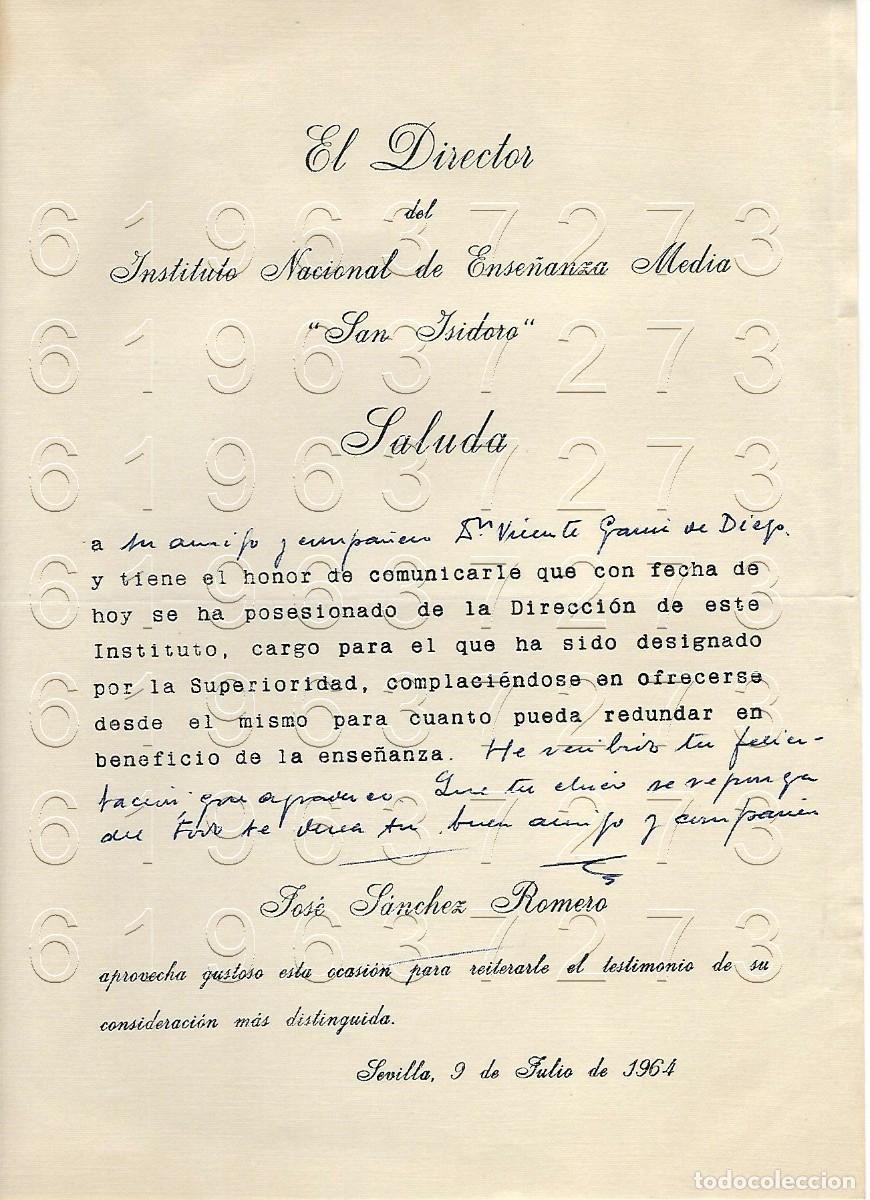 Otros Art&iacute;culos de Coleccionismo en Papel: JOSE SANCHEZ ROMERO SEVILLA INSTITUTO SAN ISIDORO CARTA A VICENTE GARCIA DE DIEGO 1964 M6