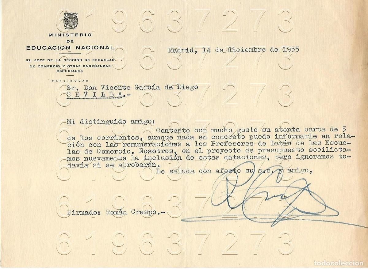 Otros Art&iacute;culos de Coleccionismo en Papel: ROMAN CRESPO MINSTERIO DE EDUCACION CARTA A VICENTE GARCIA DE DIEGO 1955 M6