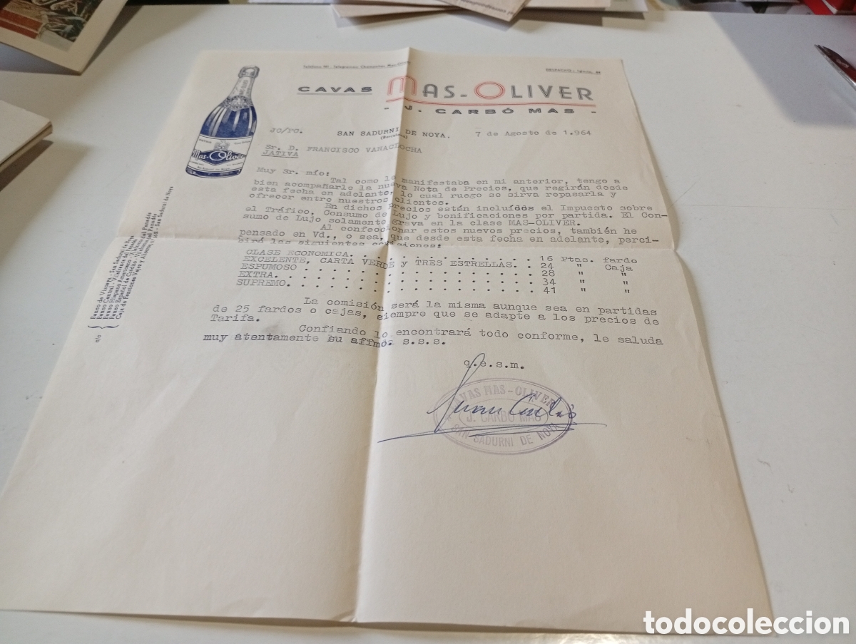 Otros Art&iacute;culos de Coleccionismo en Papel: Carta cavas Mas Oliver,J.Carbo Mas, San Sadurn&iacute; de Noya 1964