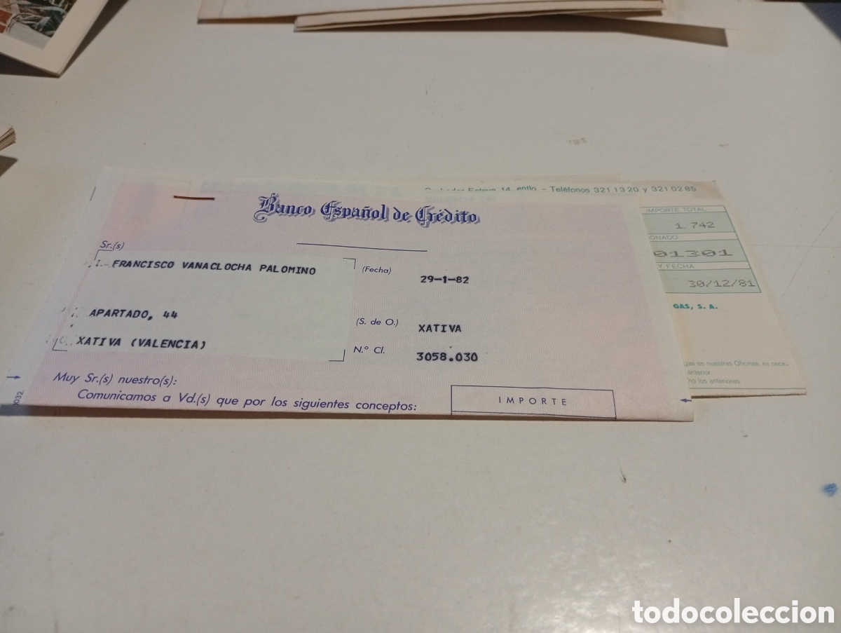Otros Art&iacute;culos de Coleccionismo en Papel: Factura compa&ntilde;&iacute;a espa&ntilde;ola de gas, banco Espa&ntilde;ol de Cr&eacute;dito, J&aacute;tiva