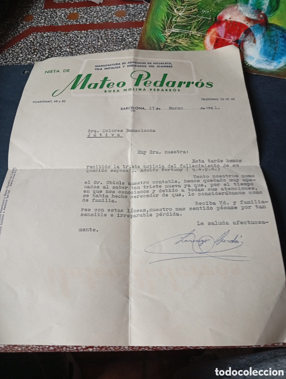 Otros Art&iacute;culos de Coleccionismo en Papel: Carta dando el p&eacute;same, Mateo pedarros, Rosa Molina Pedarros, Barcelona 1961