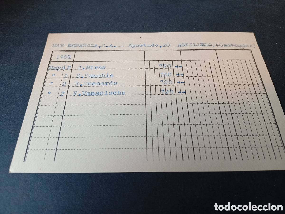 Otros Art&iacute;culos de Coleccionismo en Papel: Tarjeta contabilidad de clientes MAY Espa&ntilde;ola,S.A. Astillero, Santander