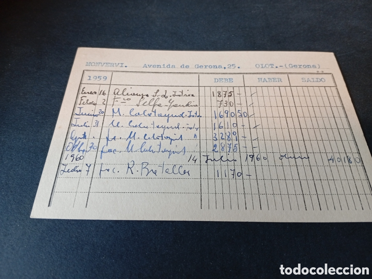 Otros Art&iacute;culos de Coleccionismo en Papel: Tarjeta contabilidad de clientes Monvervi, Olot, Gerona 1959