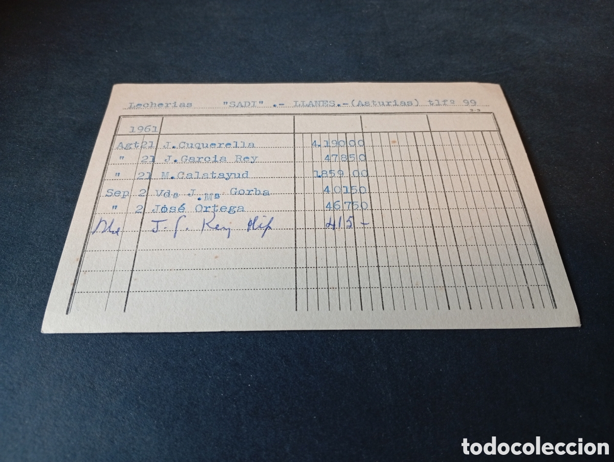 Otros Art&iacute;culos de Coleccionismo en Papel: Tarjeta contabilidad de clientes, Lecher&iacute;as SADI, Llanes Asturias 1961