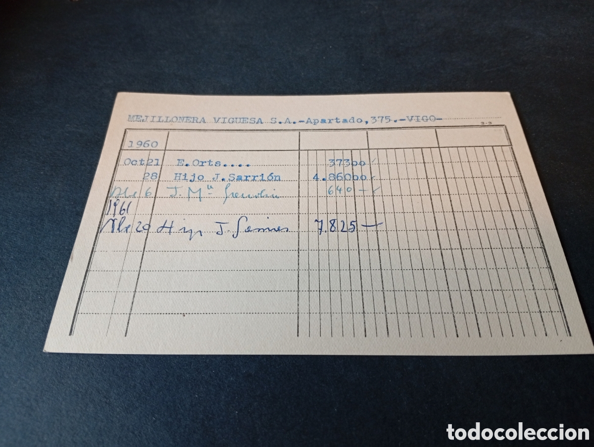 Otros Art&iacute;culos de Coleccionismo en Papel: Tarjeta contabilidad de clientes Mejillonera Viguesa 1960 Vigo