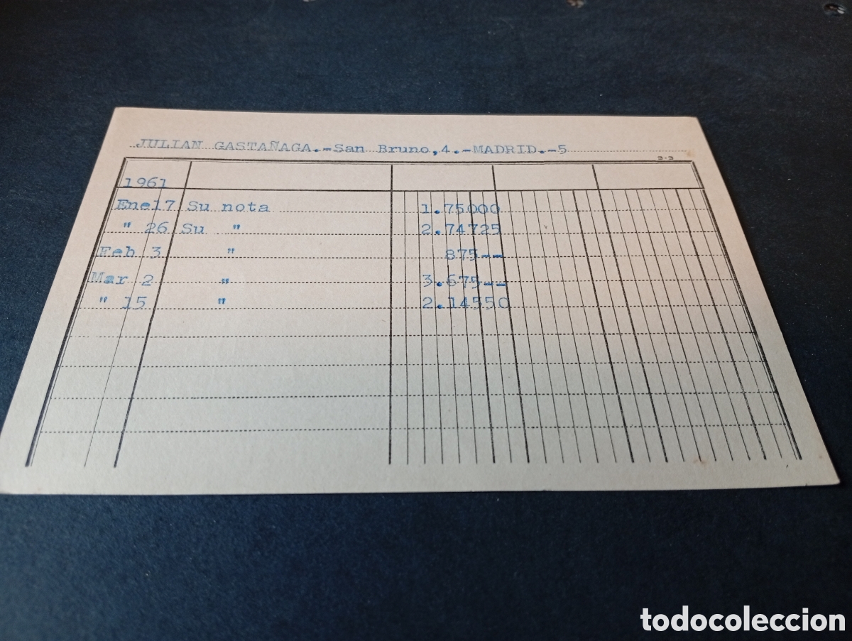 Otros Art&iacute;culos de Coleccionismo en Papel: Tarjeta contabilidad de clientes Juli&aacute;n Gasta&ntilde;aga, Madrid 1961