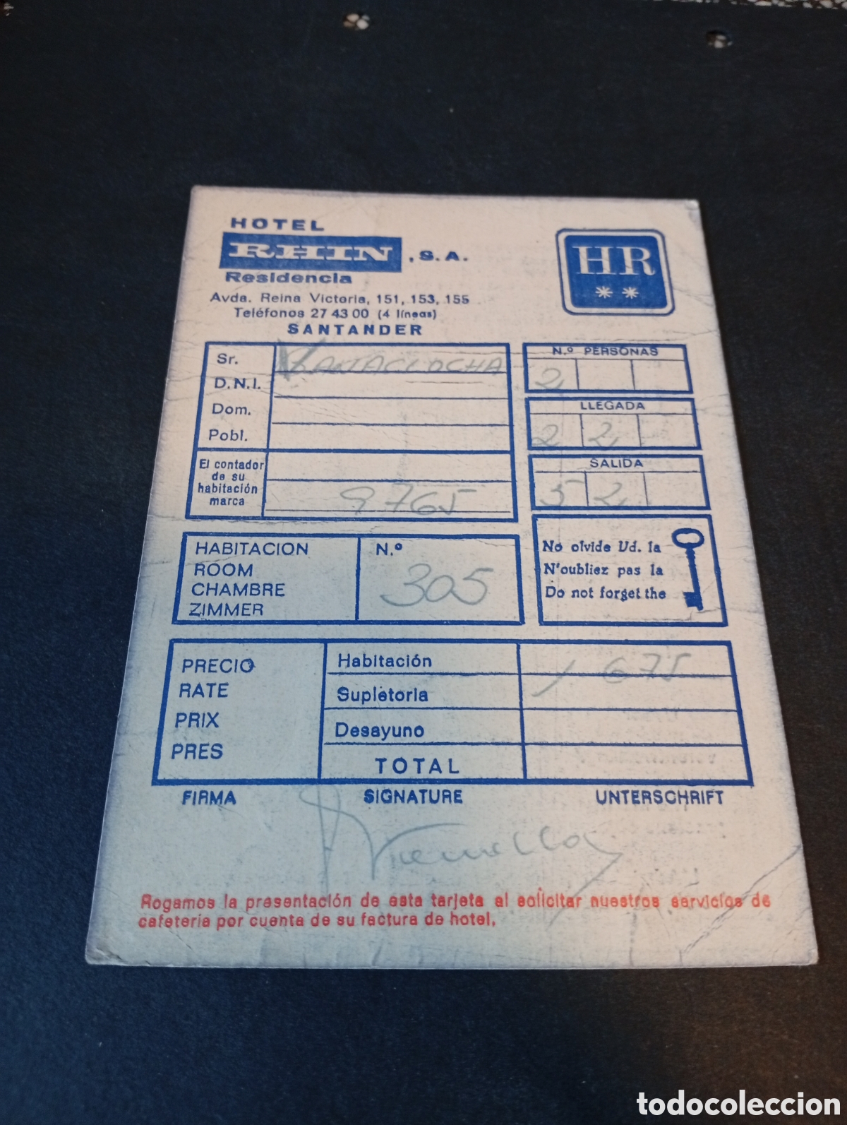 Otros Art&iacute;culos de Coleccionismo en Papel: Tarjeta Hotel RHIN residencia , Santander