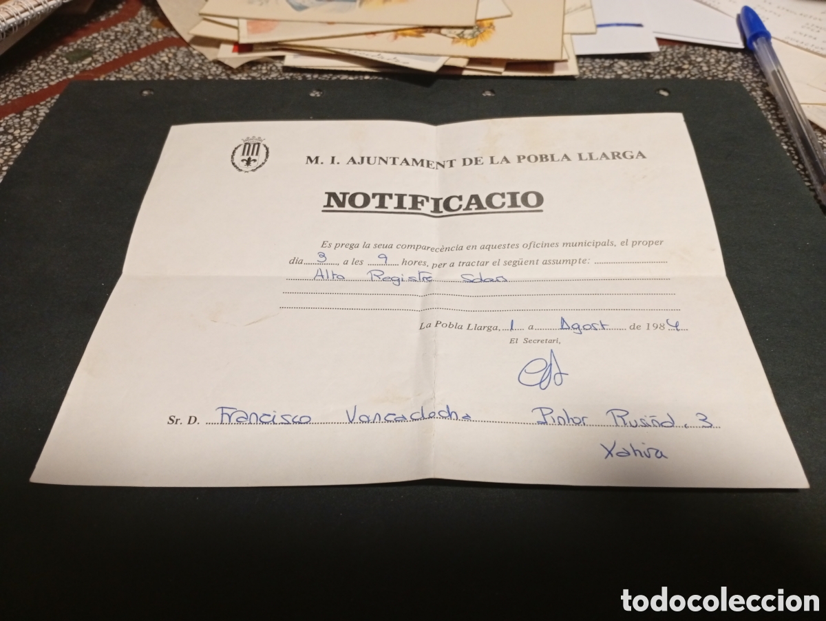 Otros Art&iacute;culos de Coleccionismo en Papel: Ajuntament de la Pobla Llarga,notificacio
