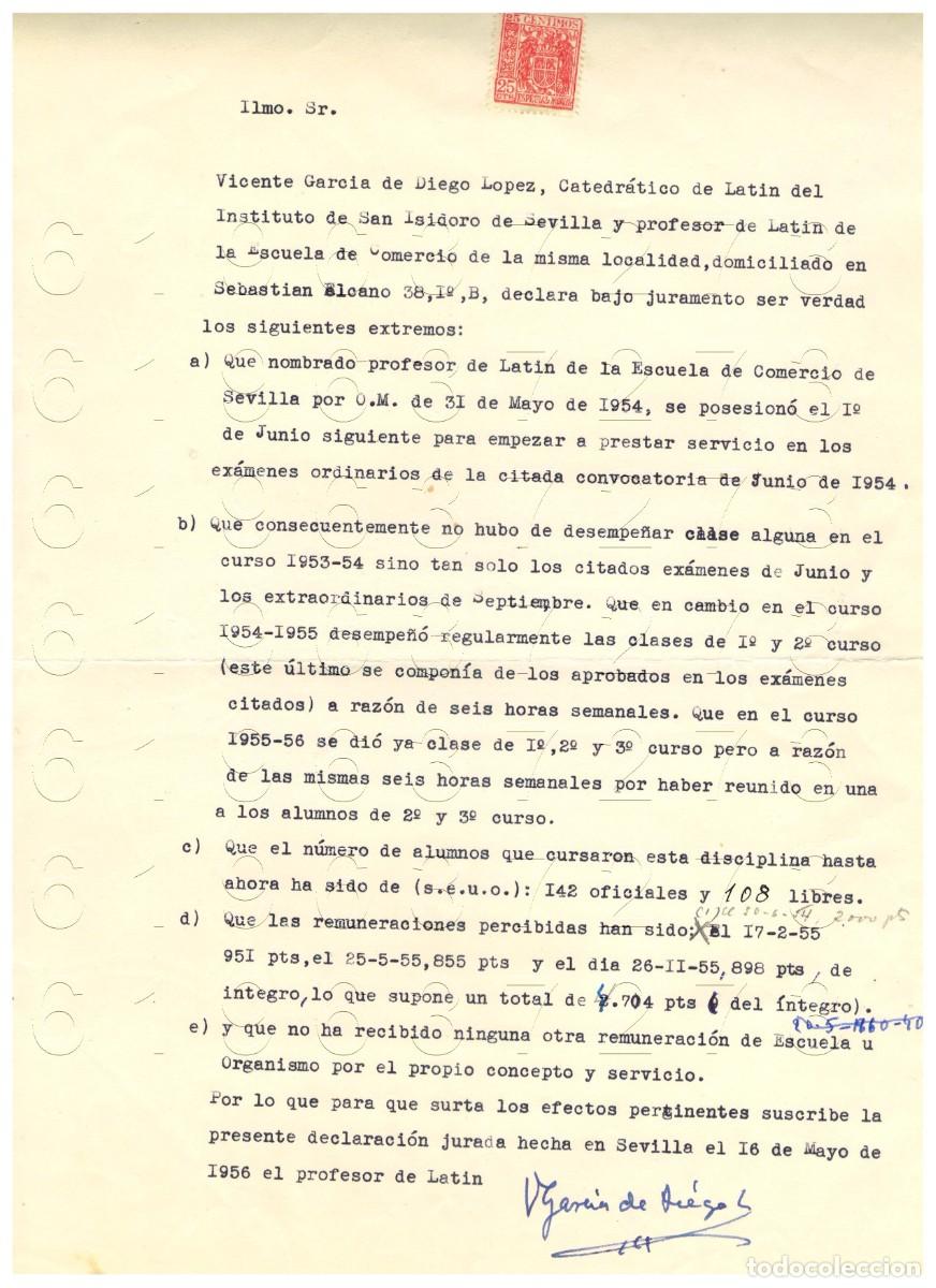 Otros Art&iacute;culos de Coleccionismo en Papel: SEVILLA PROFESOR LATIN DECLARACION VICENTE GARCIA DE DIEGO 1956 M9