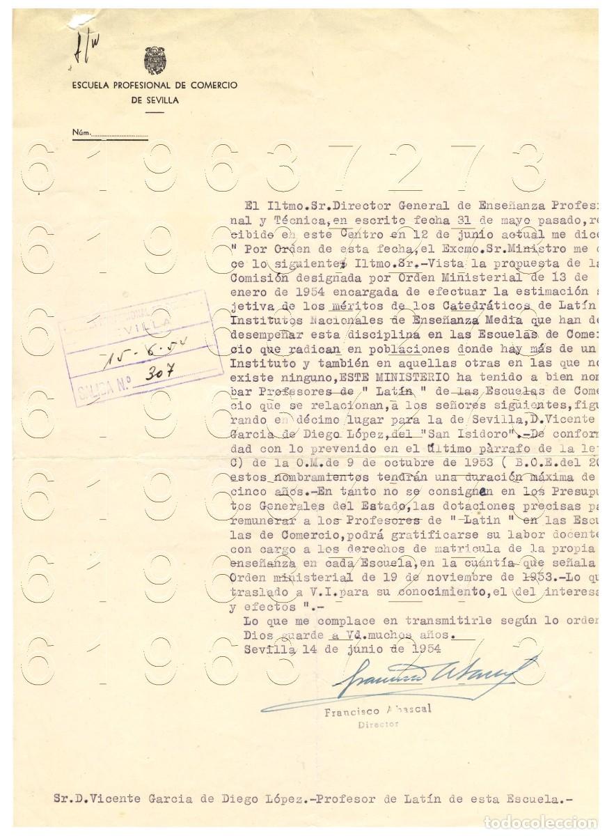 Otros Art&iacute;culos de Coleccionismo en Papel: SEVILLA FRANCISCO ABASCAL NOMBRAMIENTO PROFESOR LATIN CARTA VICENTE GARCIA DE DIEGO 1954 M9