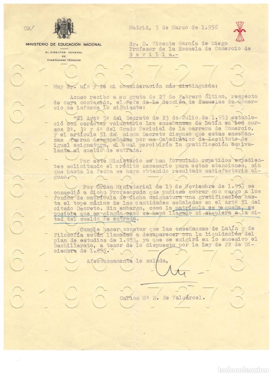 Otros Art&iacute;culos de Coleccionismo en Papel: CARLOS MARIA R DE VALCARCEL CARTA VICENTE GARCIA DE DIEGO 1955 M9