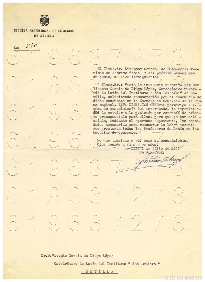 Otros Art&iacute;culos de Coleccionismo en Papel: SEVILLA INSTITUTO SAN ISIDORO CARTA VICENTE GARCIA DE DIEGO 1957 M9