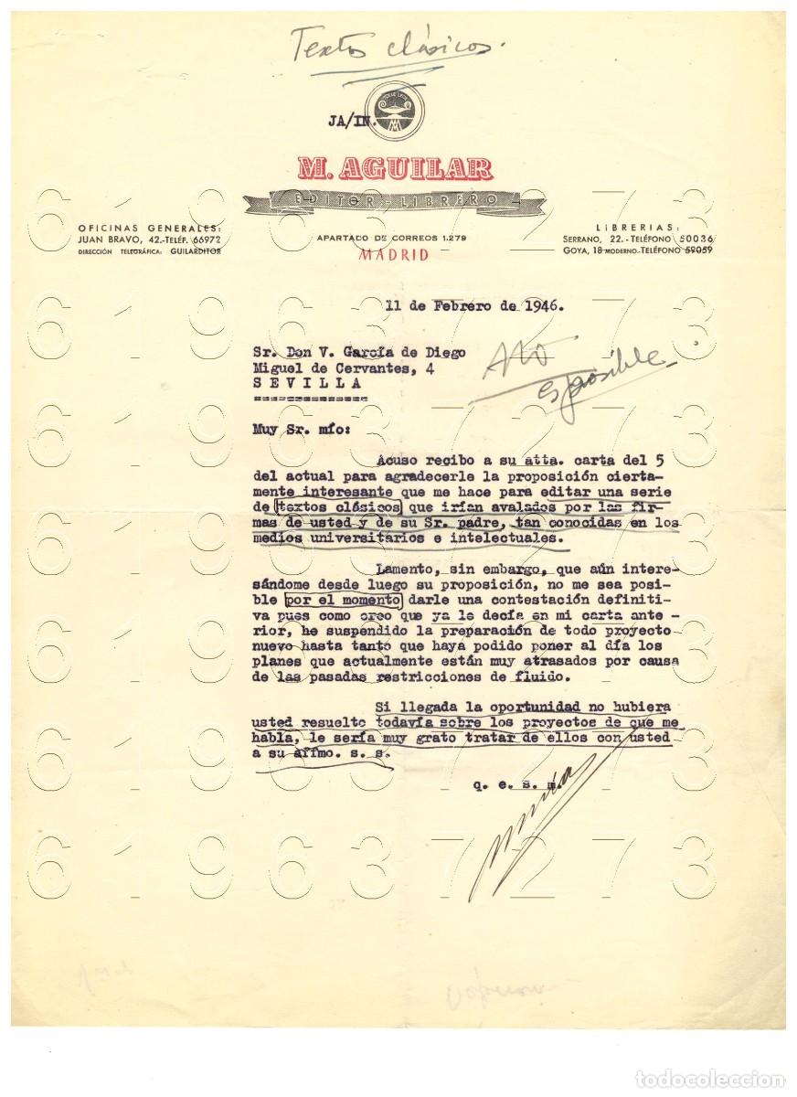 Otros Art&iacute;culos de Coleccionismo en Papel: EDITORIAL AGUILAR RECHAZO PUBLICACION CARTA VICENTE GARCIA DE DIEGO 1946 M9