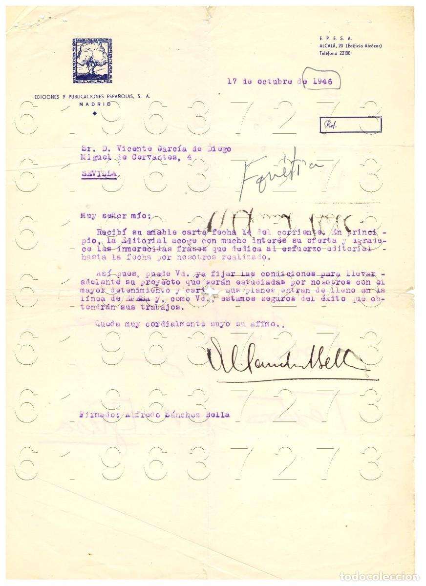 Otros Art&iacute;culos de Coleccionismo en Papel: ALFREDO SANCHEZ BELLA CARTA VICENTE GARCIA DE DIEGO 1946 M9