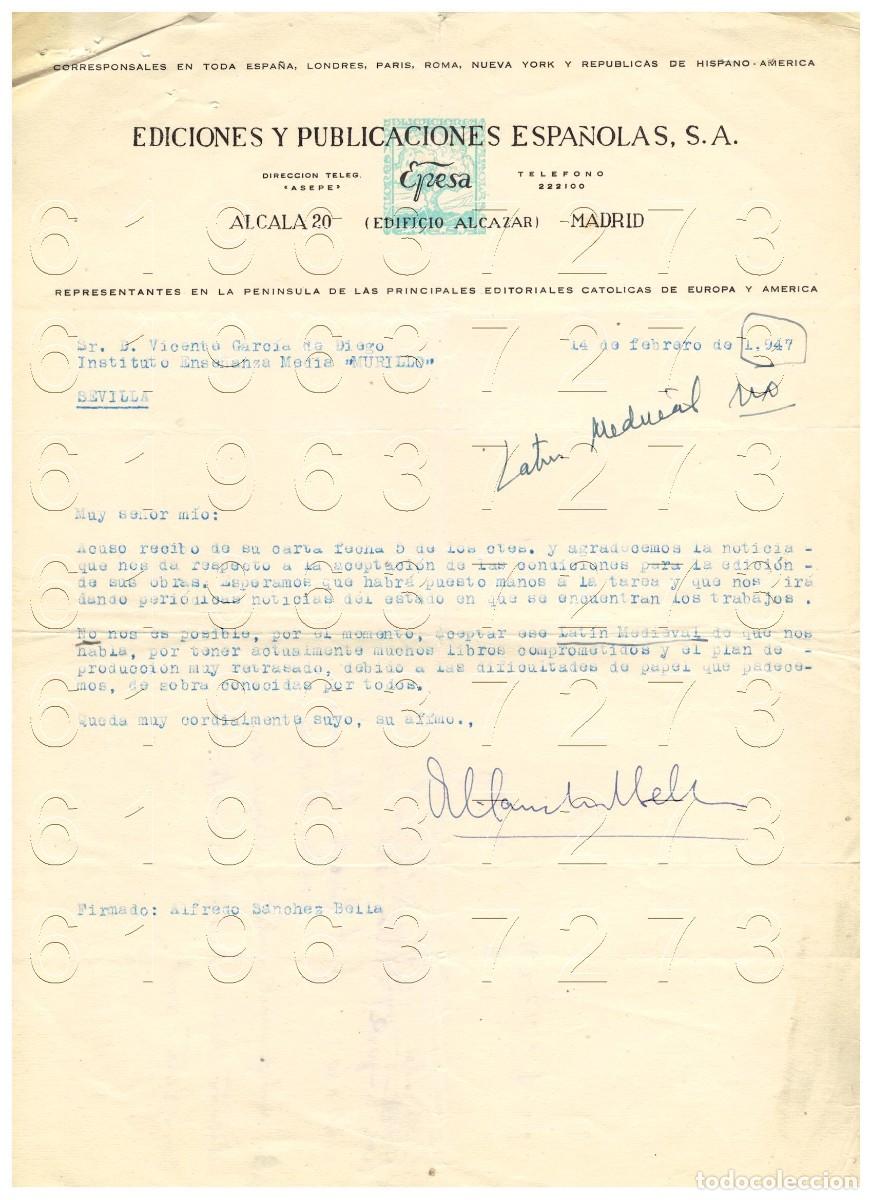 Otros Art&iacute;culos de Coleccionismo en Papel: ALFREDO SANCHEZ BELLA CARTA VICENTE GARCIA DE DIEGO 1947 M7