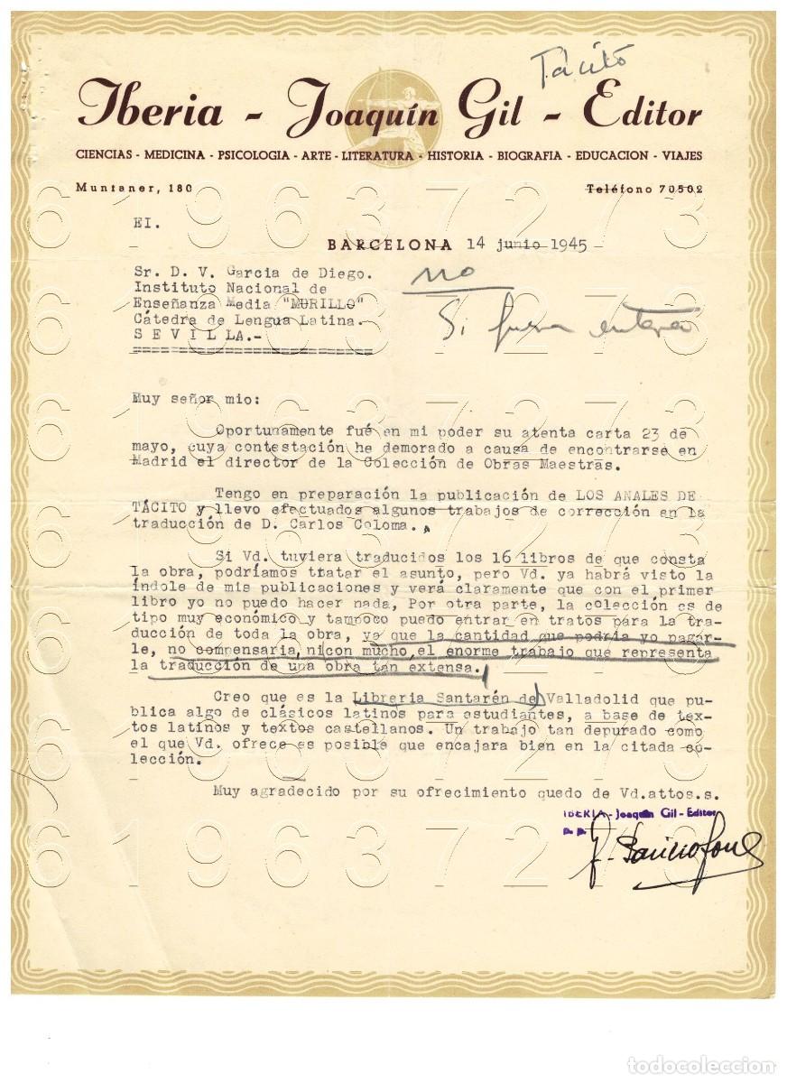 Otros Art&iacute;culos de Coleccionismo en Papel: IBERIA JOAQUIN GIL EDITOR CARTA VICENTE GARCIA DE DIEGO 1945 M7