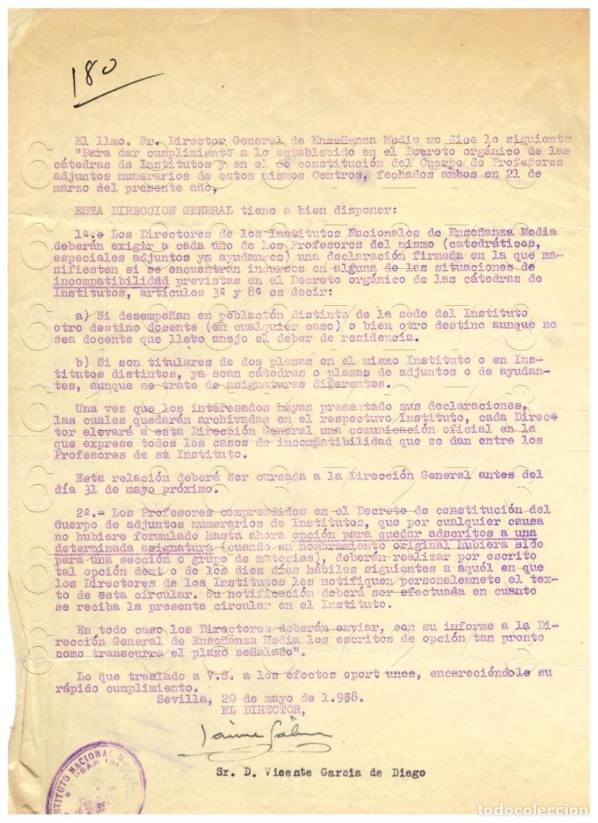 Otros Art&iacute;culos de Coleccionismo en Papel: 1958 INCOMPATIBILIDAD PROFESORADO VICENTE GARCIA DE DIEGO 1958 M7