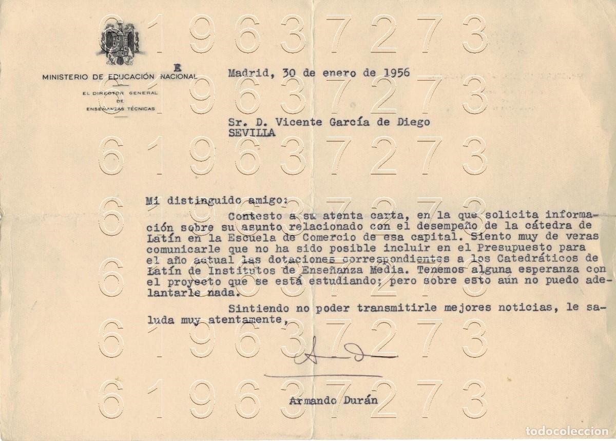 Otros Art&iacute;culos de Coleccionismo en Papel: ARMANDO DURAN MIRANDA MIISTERIO DE EDUCACION CARTA VICENTE GARCIA DE DIEGO 1656 M7