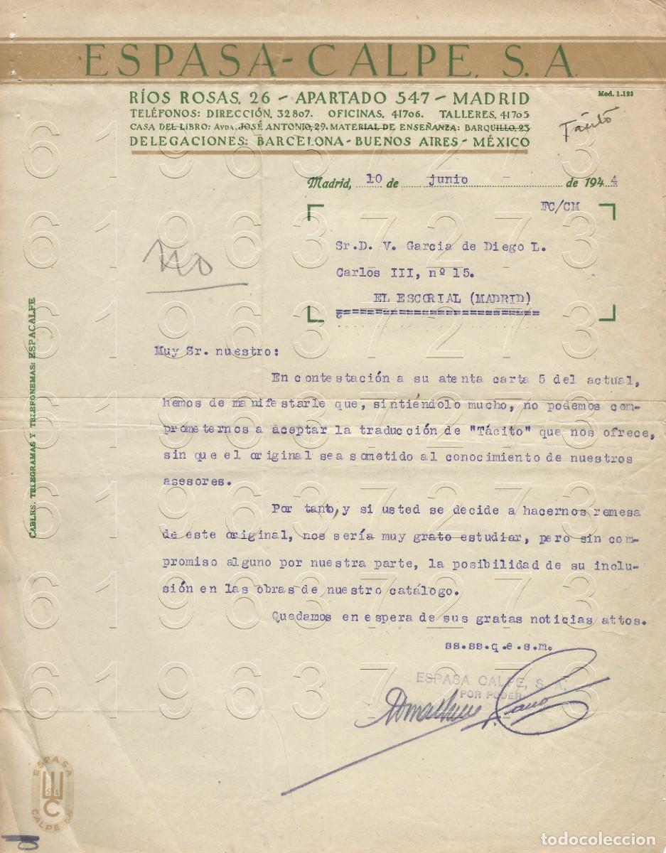 Otros Art&iacute;culos de Coleccionismo en Papel: EDITORIAL ESPASA CALPE 1944 CARTA VICENTE GARCIA DE DIEGO M3