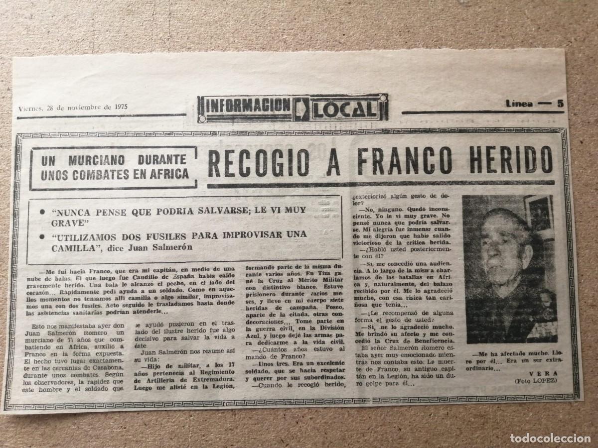 Otros Art&iacute;culos de Coleccionismo en Papel: RECORTE DE PRENSA A&Ntilde;O 1975 . UN MURCIANO RECOGIO A FRANCO HERIDO EN COMBATE EN AFRICA