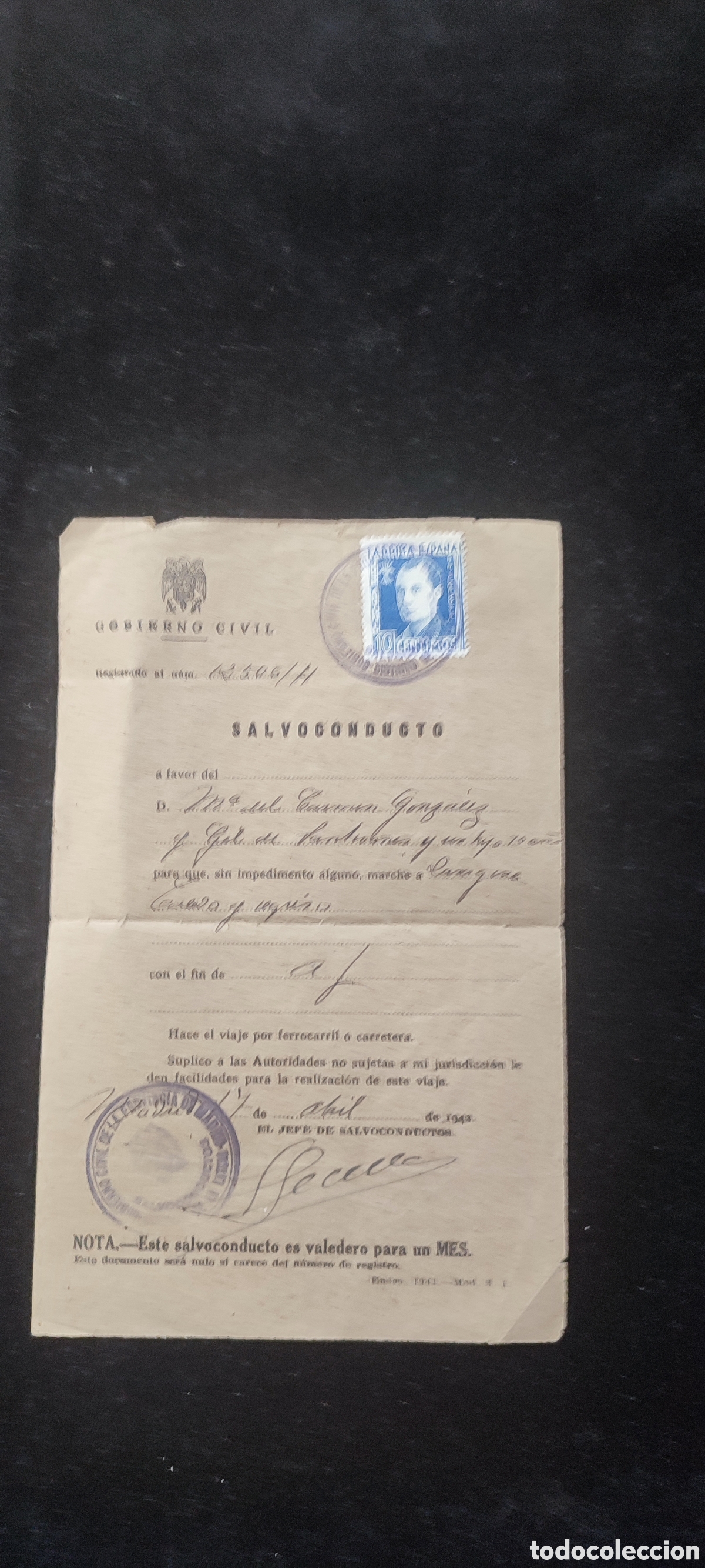 Paper Collecting Others: Antiguo salvoconducto de l Gobierno Nacional abril de 1942