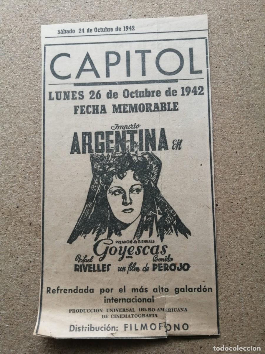 Otros Art&iacute;culos de Coleccionismo en Papel: RECORTE PRENSA ANUNCIO PELICULA (1942) GOYESCAS, CON IMPERIO ARGENTINA