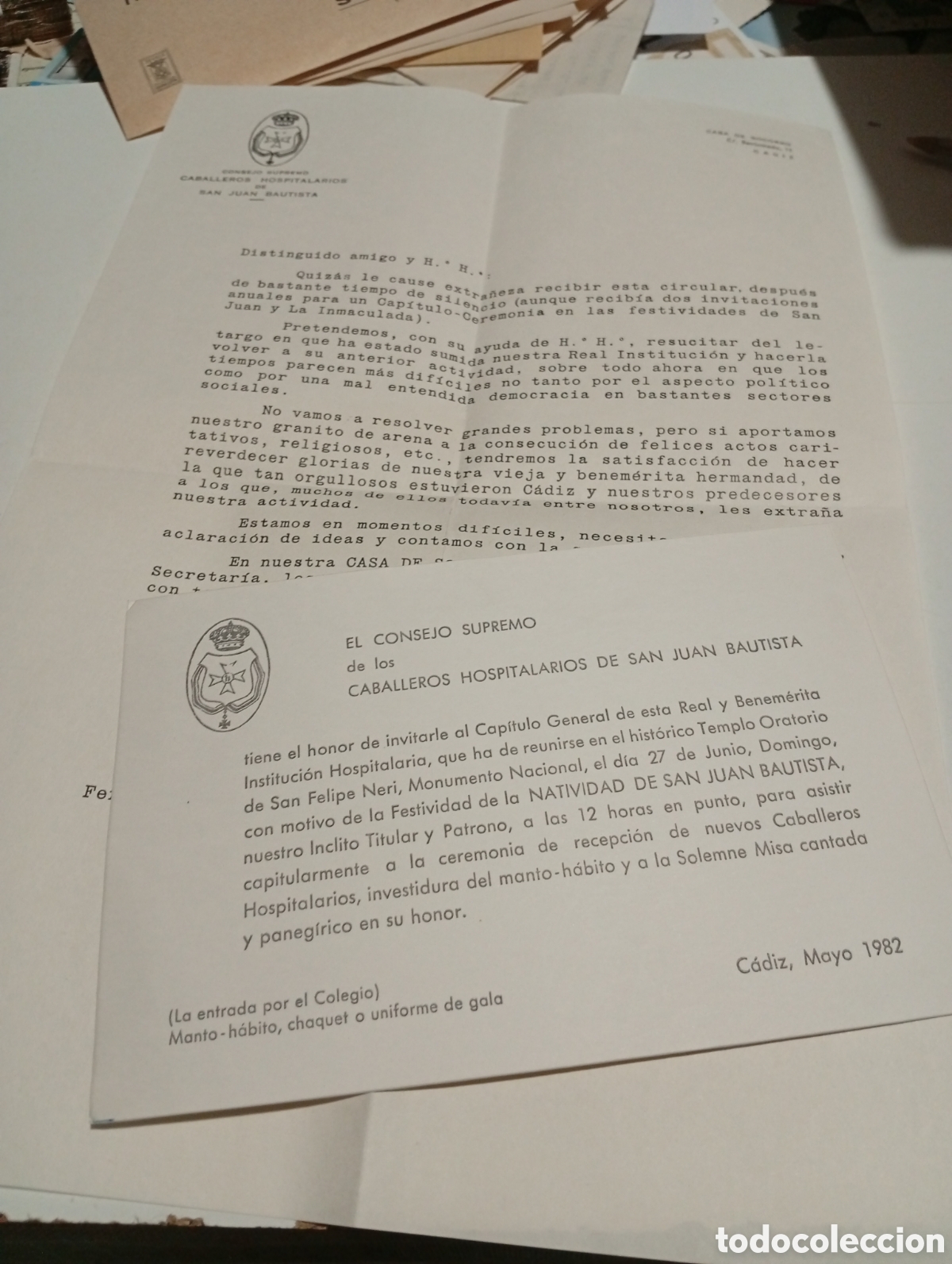 Otros Art&iacute;culos de Coleccionismo en Papel: Tarjeta con carta el consejo supremo Caballeros hospitalarios de San Juan Bautista 1982