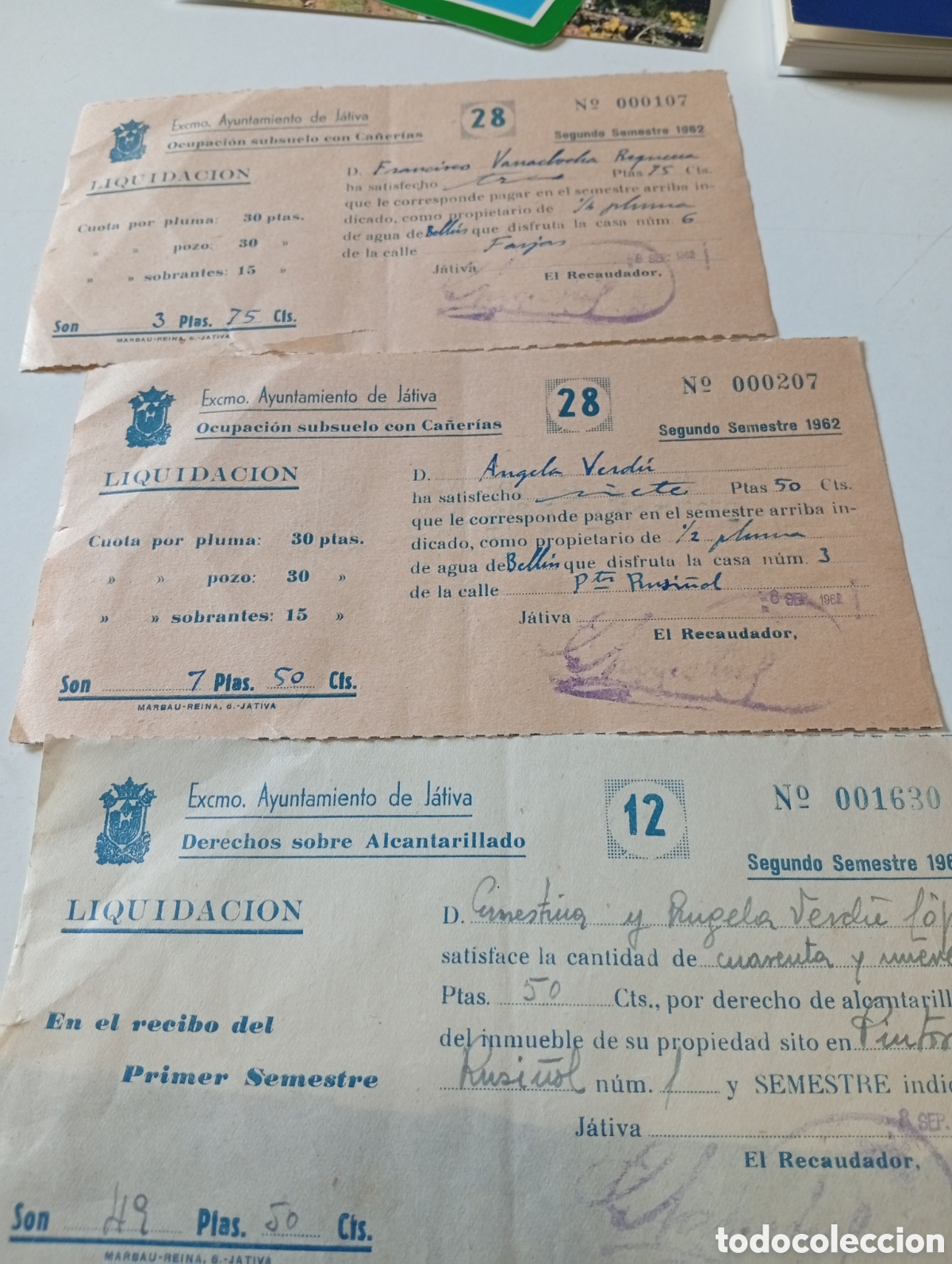 Otros Art&iacute;culos de Coleccionismo en Papel: 3 recibos derechos sobre Alcantarillado y ocupaci&oacute;n de subsuelo con ca&ntilde;er&iacute;as, J&Aacute;TIVA 1962