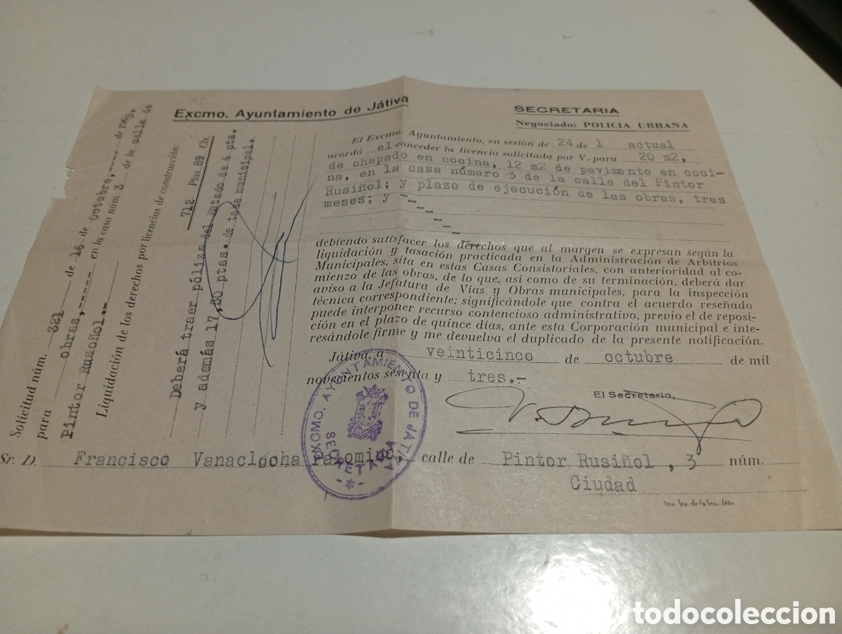Otros Art&iacute;culos de Coleccionismo en Papel: Excmo Ayuntamiento de J&aacute;tiva,concede licencia para obras