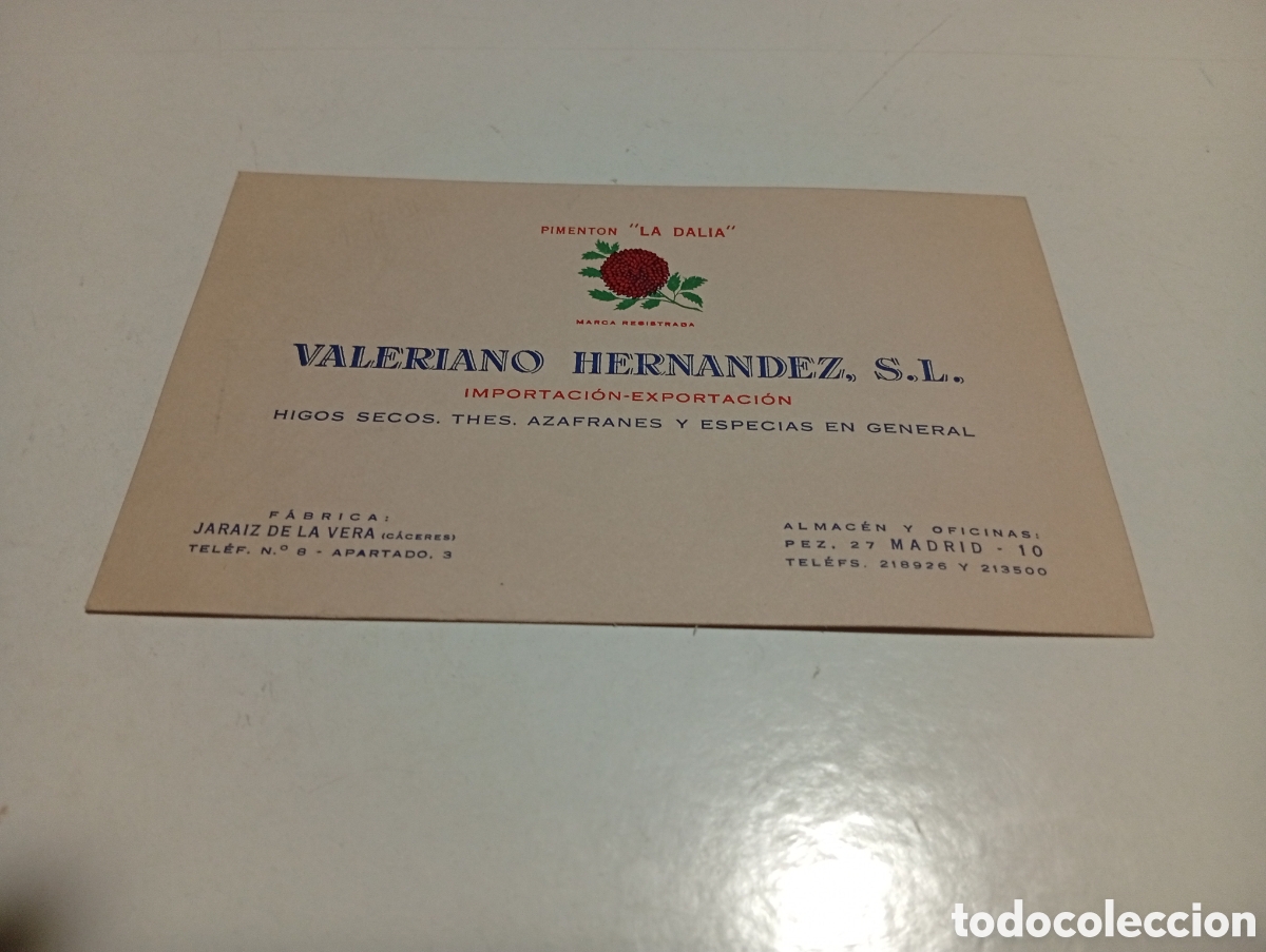 Otros Art&iacute;culos de Coleccionismo en Papel: Tarjeta visita piment&oacute;n LA DALIA Valeriano Hern&aacute;ndez