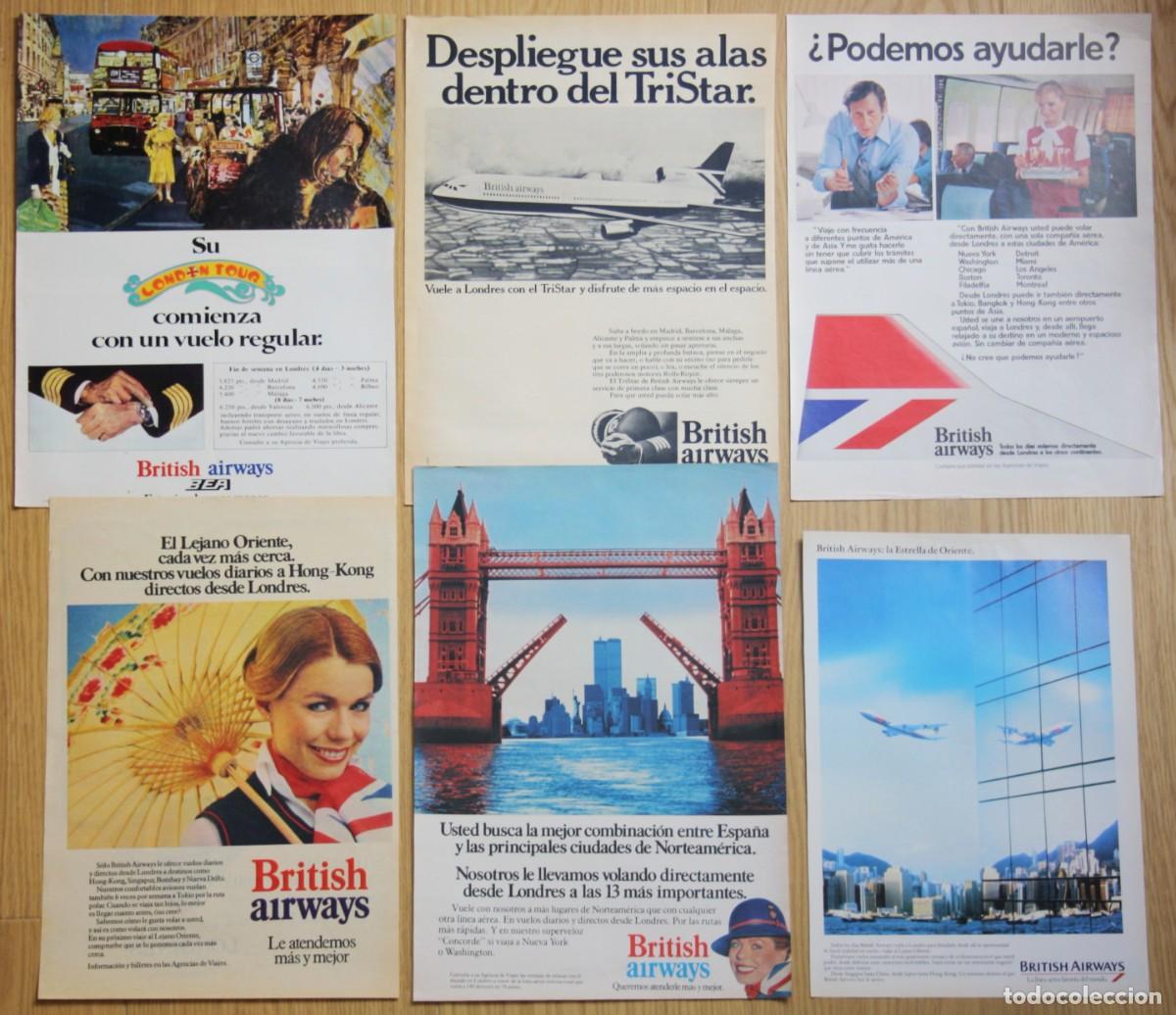 Otros Art&iacute;culos de Coleccionismo en Papel: BRITISH AIRWAYS 6x Anuncios 1970s Adverts Aerolinea plane Ads Publicidad BEA Avion Aviones