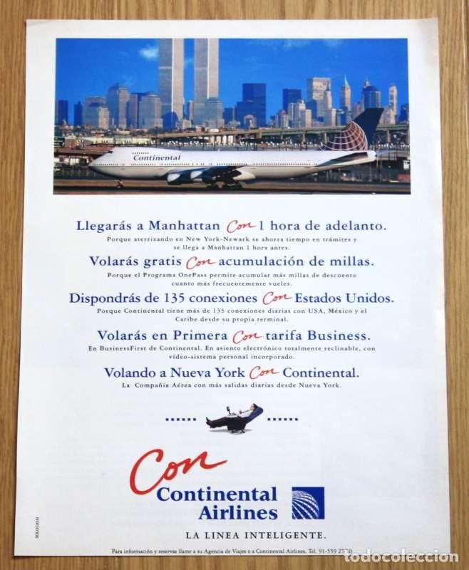 Otros Art&iacute;culos de Coleccionismo en Papel: CONTINENTAL AIRLINES Anuncio 1995 Original Advert Spain AD Aerolinea USA New York plane avion
